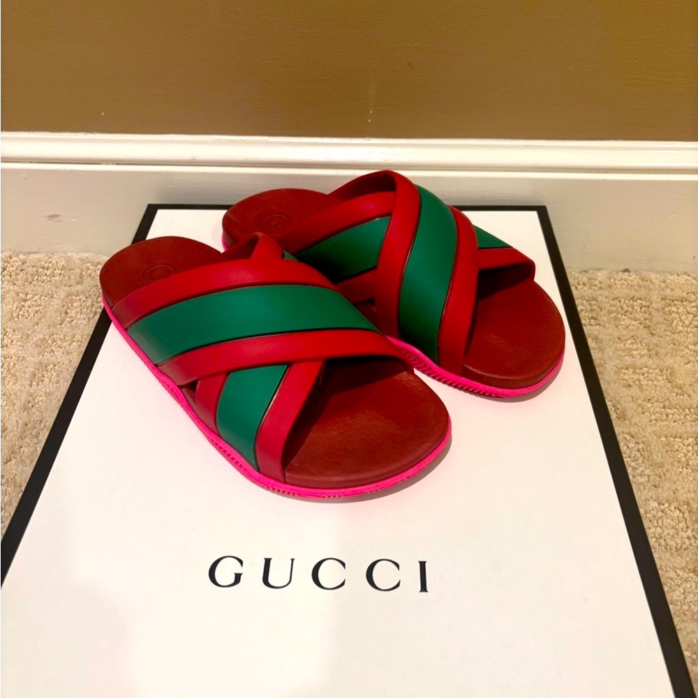 Gucci Red and Green Crisscross web Slides - Picture 2 of 10